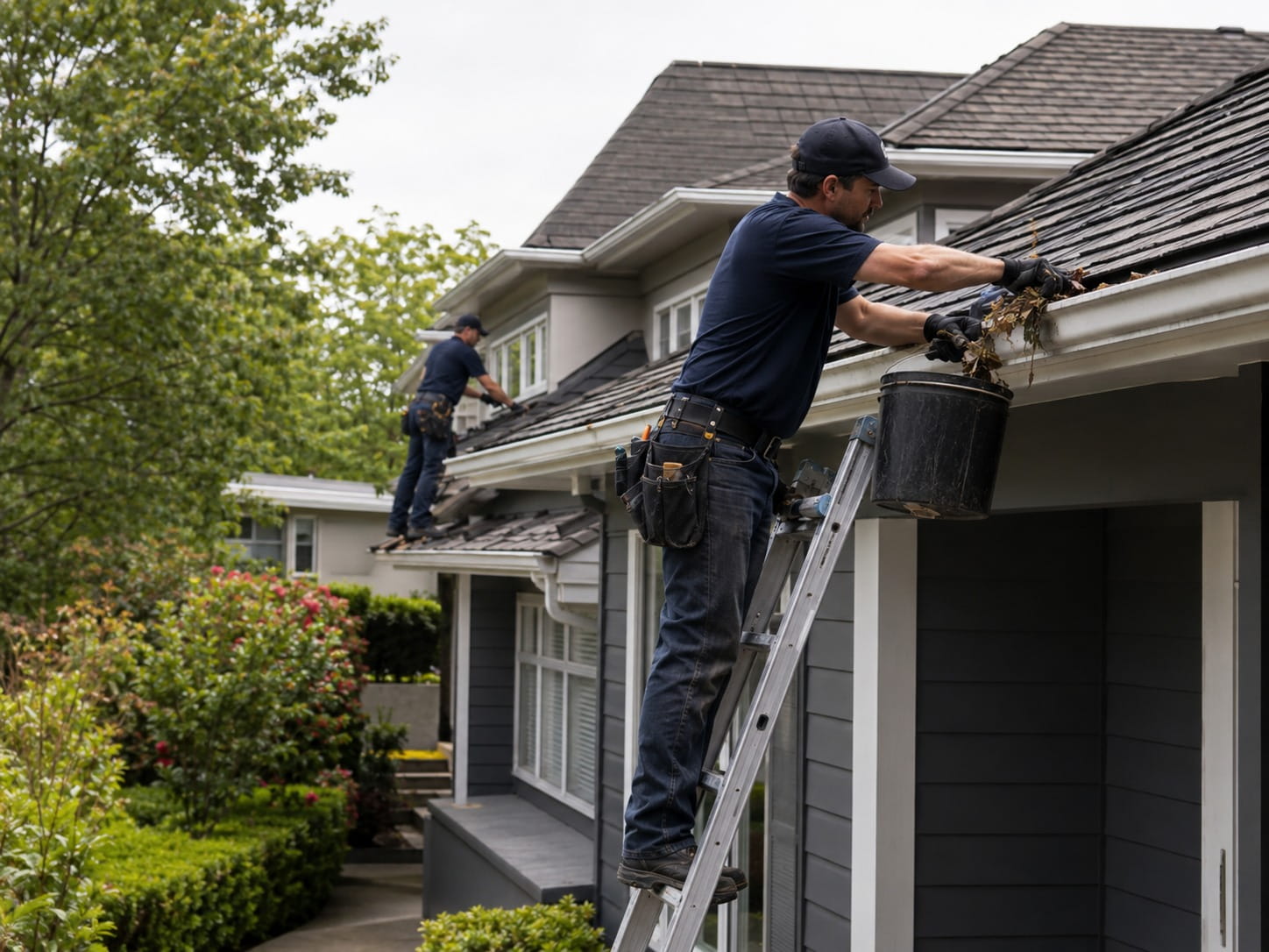 Auckland gutter cleaner lifting wet leaves out of a blocked gutter into a bucket