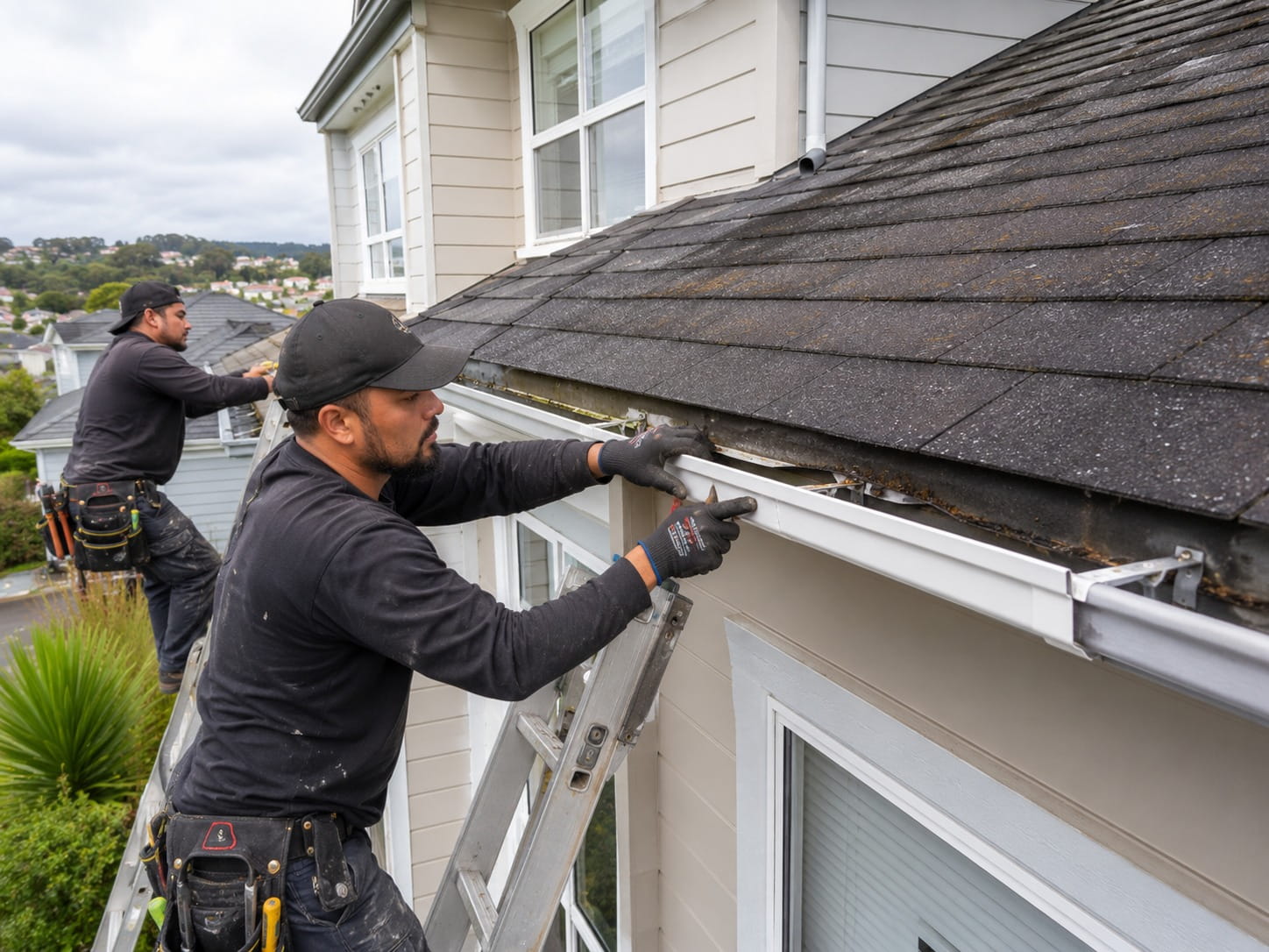 Auckland gutter repair contractors refitting a damaged gutter section