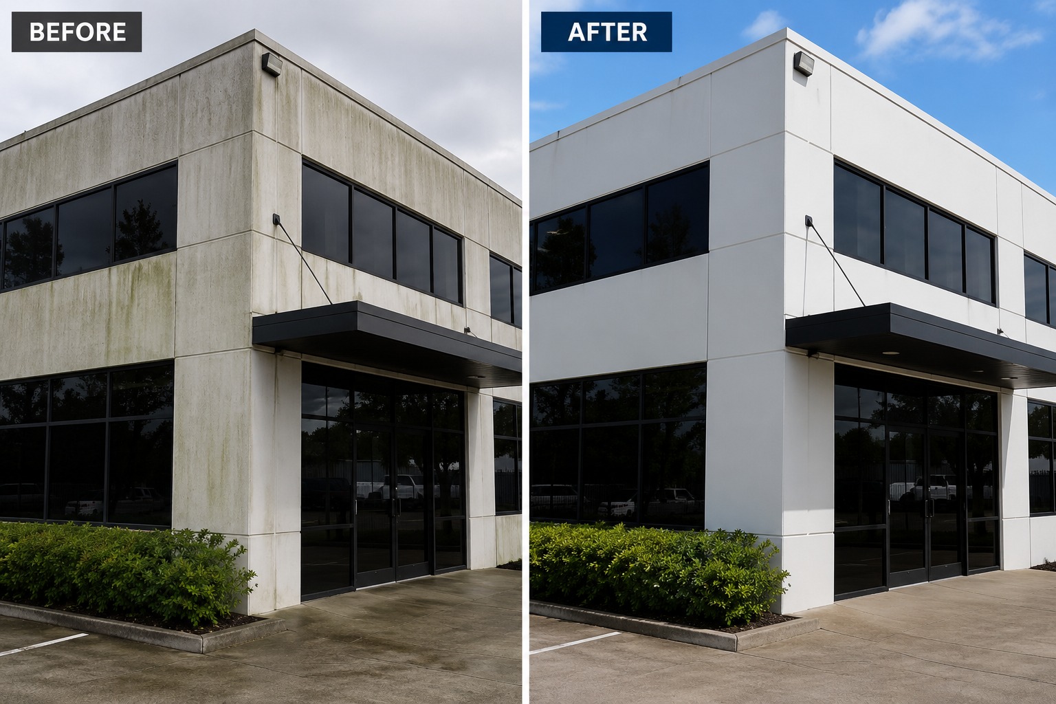 Before and after commercial exterior cleaning in Auckland: algae-stained concrete cladding on the left, clean white panels on the right