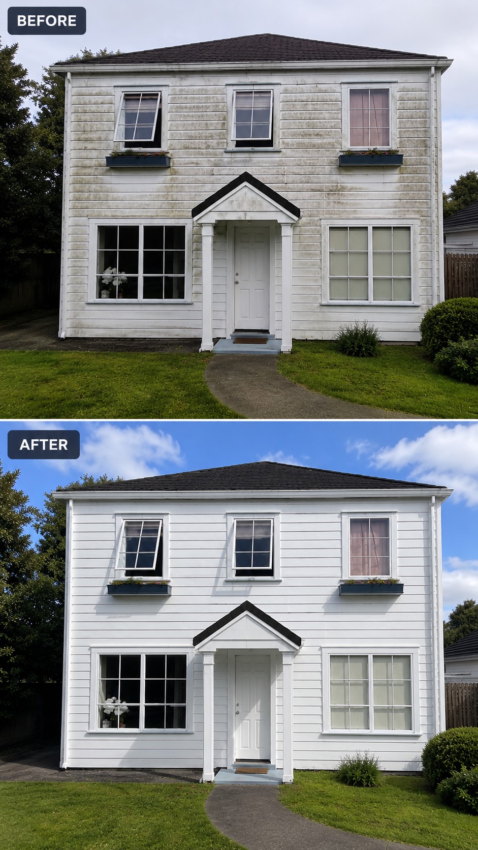 Before and after house washing in Auckland: mould-covered weatherboards above, the same clean white exterior below