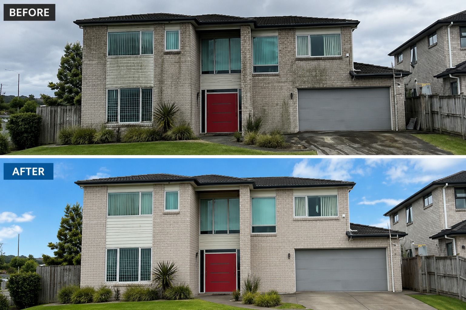 Before and after house washing an Auckland brick home: algae-stained cladding above, clean brick and weatherboard below