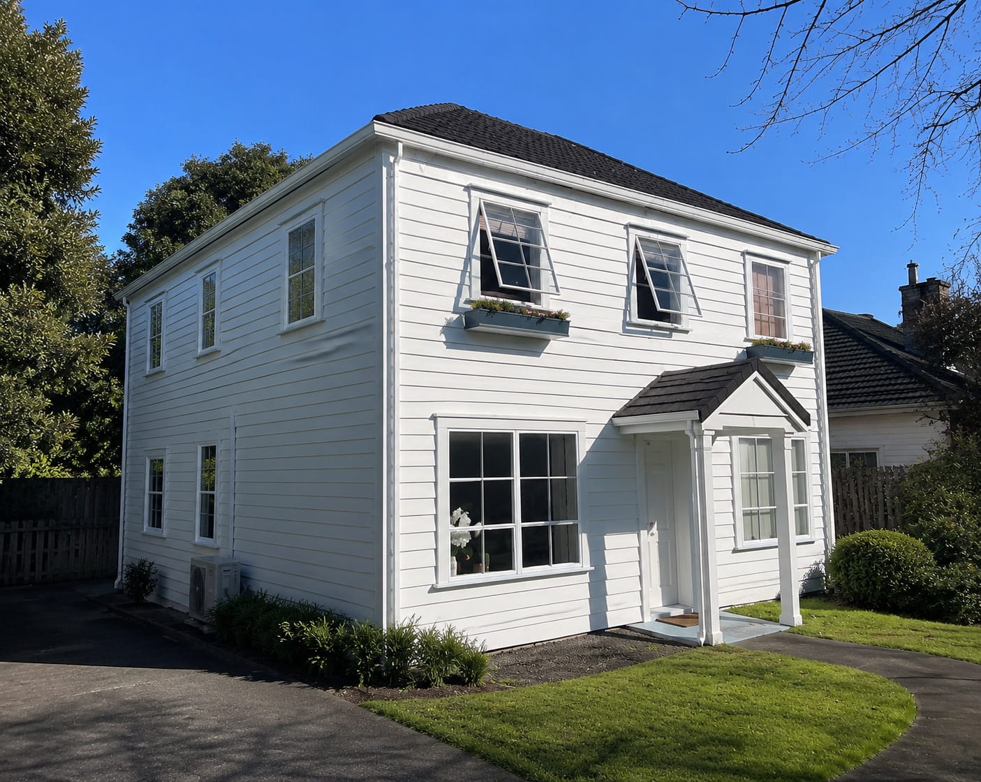 Two-storey Auckland weatherboard home with a clean exterior and tidy roofline after washing