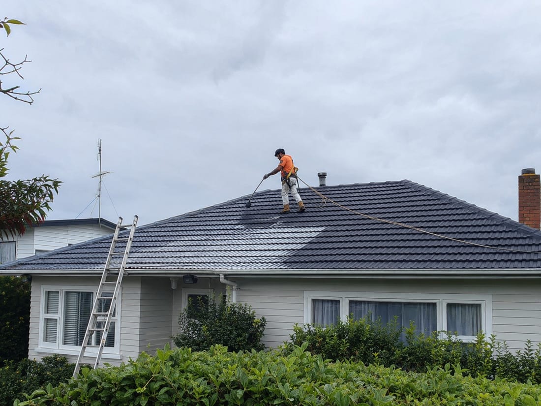Harnessed roof painter applying coating to a tiled Auckland roof