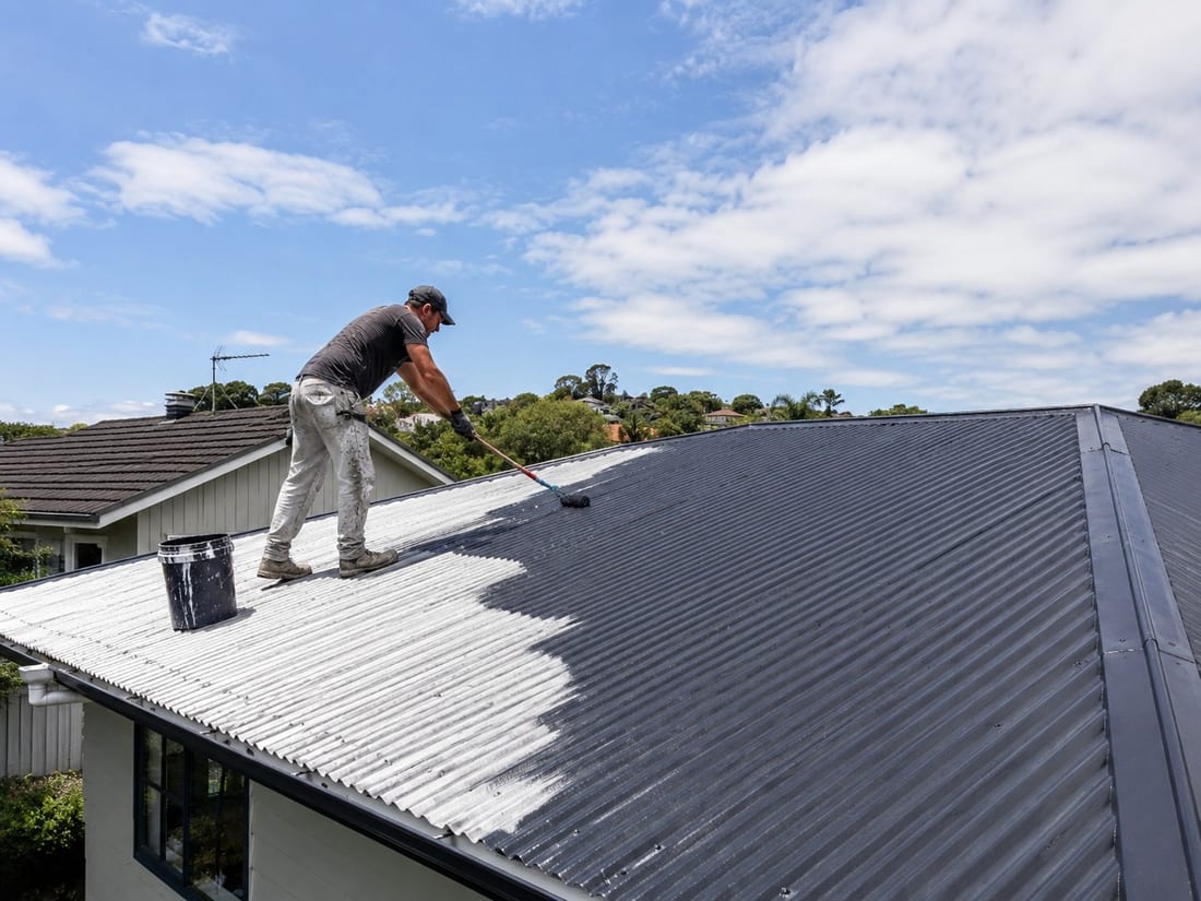 Painter rolling primer across a large long-run steel roof in Auckland