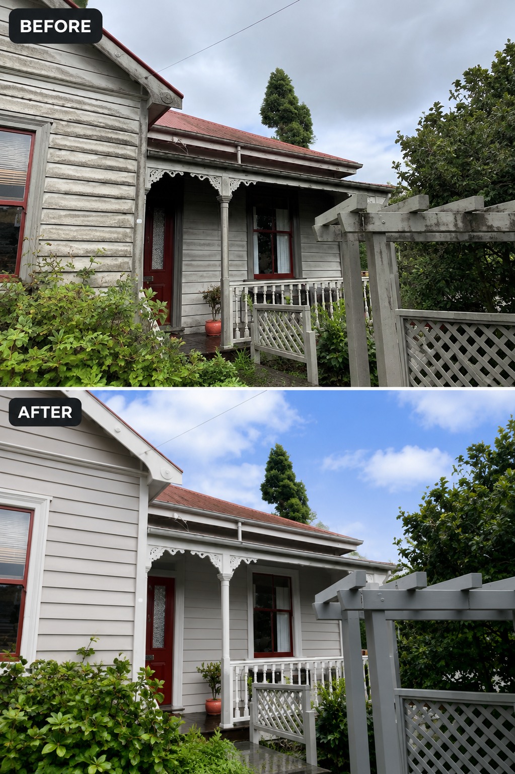 Before and after washing a weathered Auckland cottage: grimy grey weatherboards and pergola above, clean white exterior below