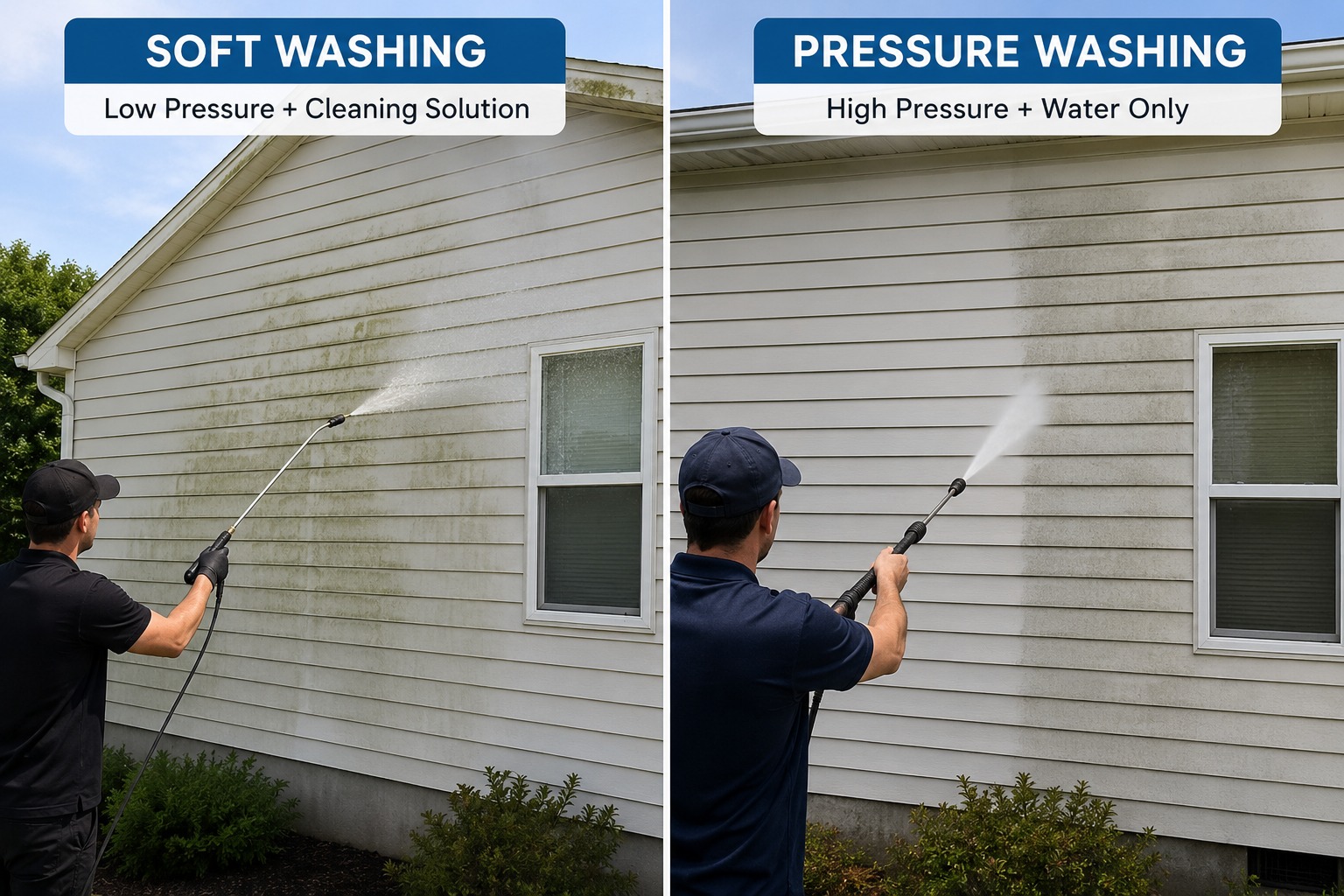 Side-by-side comparison: soft washing at low pressure with a cleaning solution on the left, high-pressure washing with water only on the right